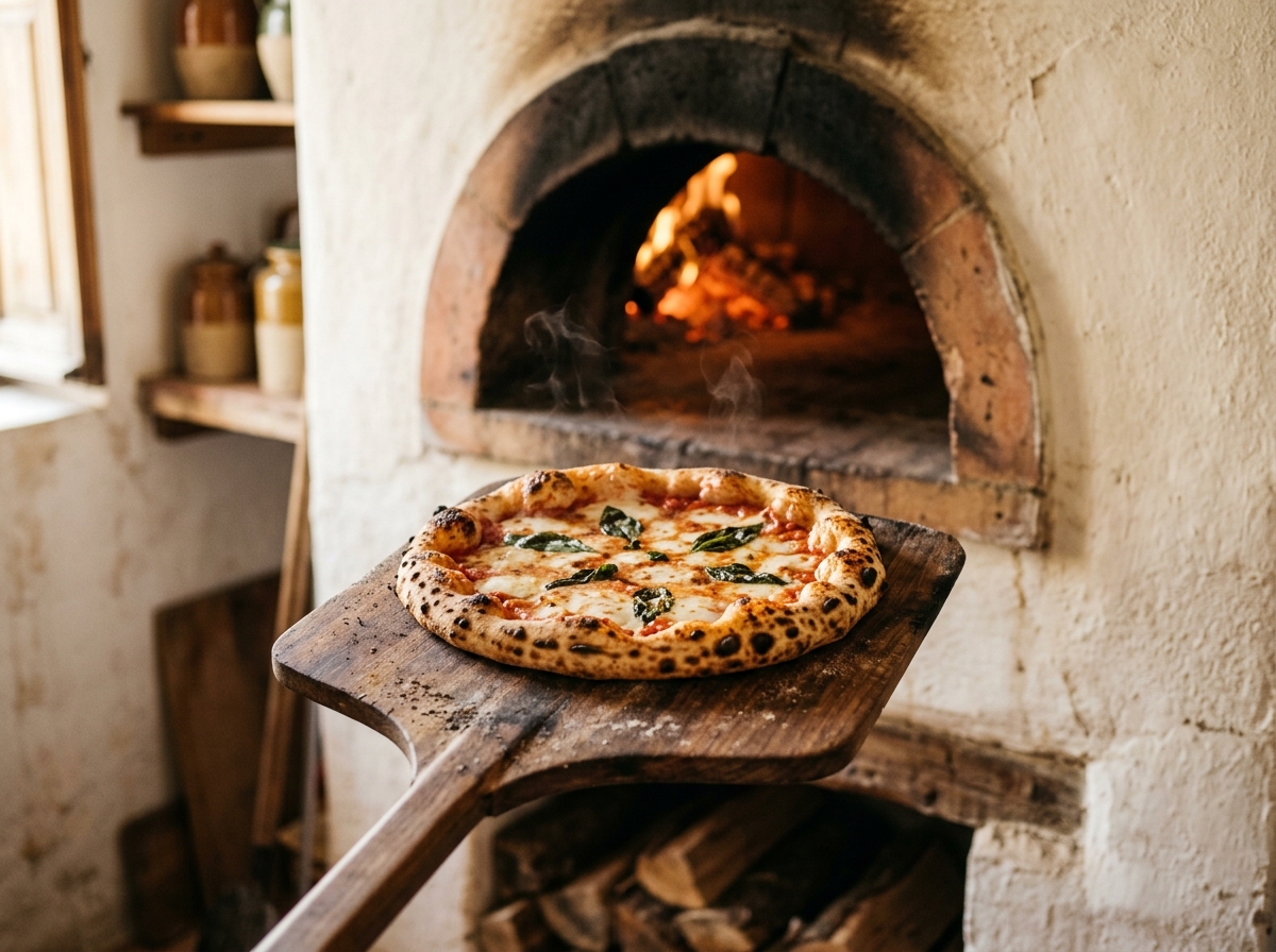 Pizza recién salida del horno de piedra sobre una pala de madera
