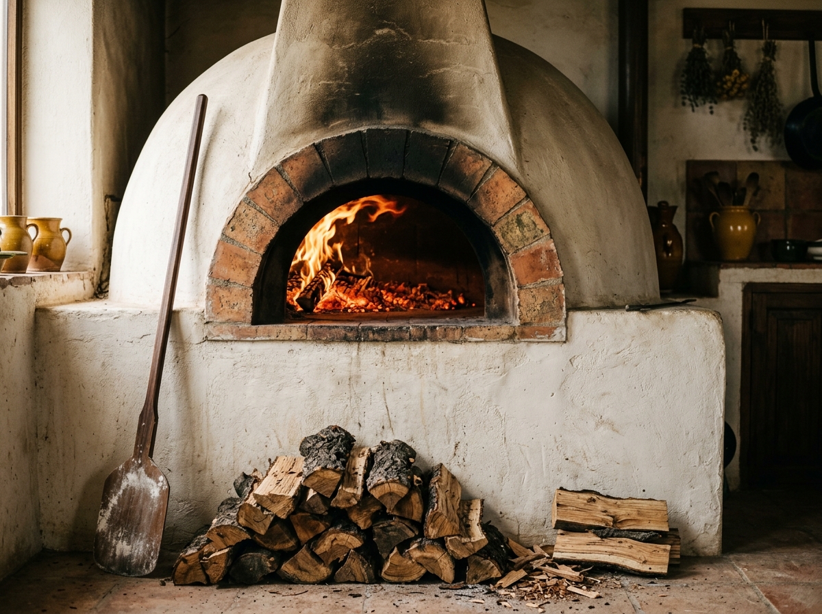 Horno de piedra encendido con leña de olivo