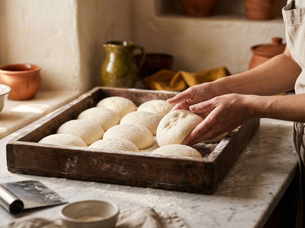 Bolas de masa madre reposando en una caja de madera con harina