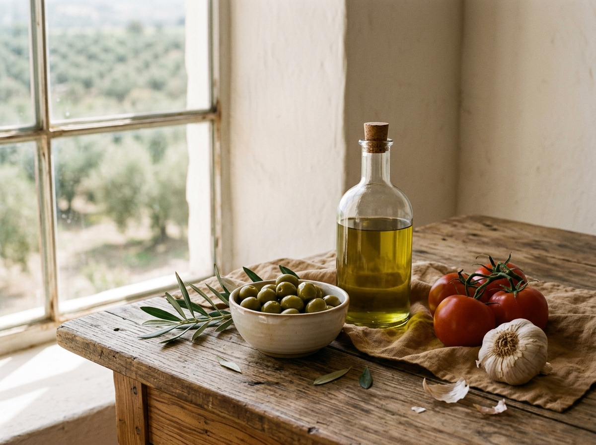 Aceite de oliva virgen extra, aceitunas y tomates de Jaén