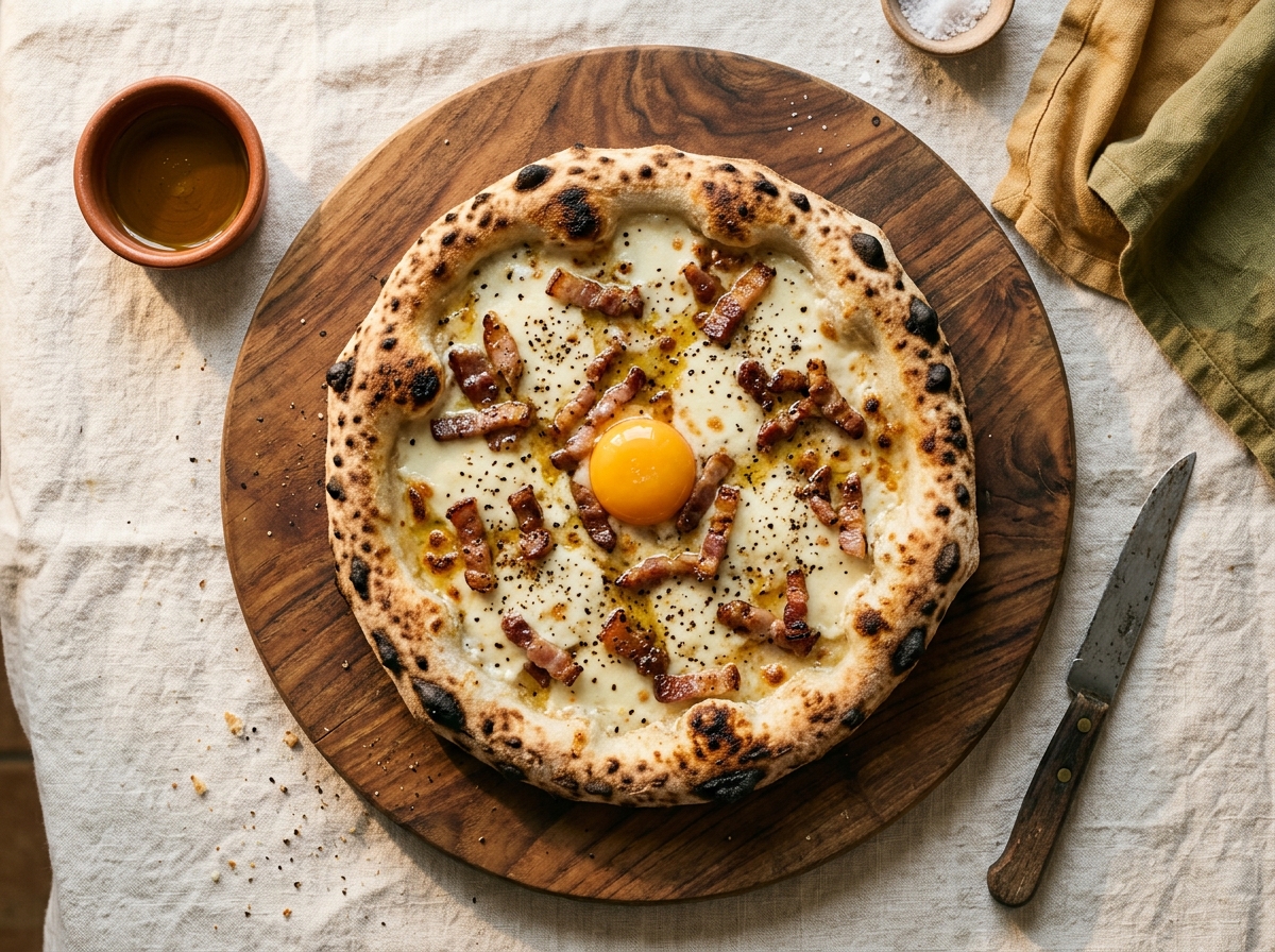 Pizza Carbonara con guanciale y yema de huevo