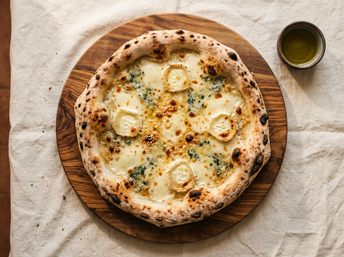 Pizza Cuatro quesos con gorgonzola, queso de cabra y parmesano