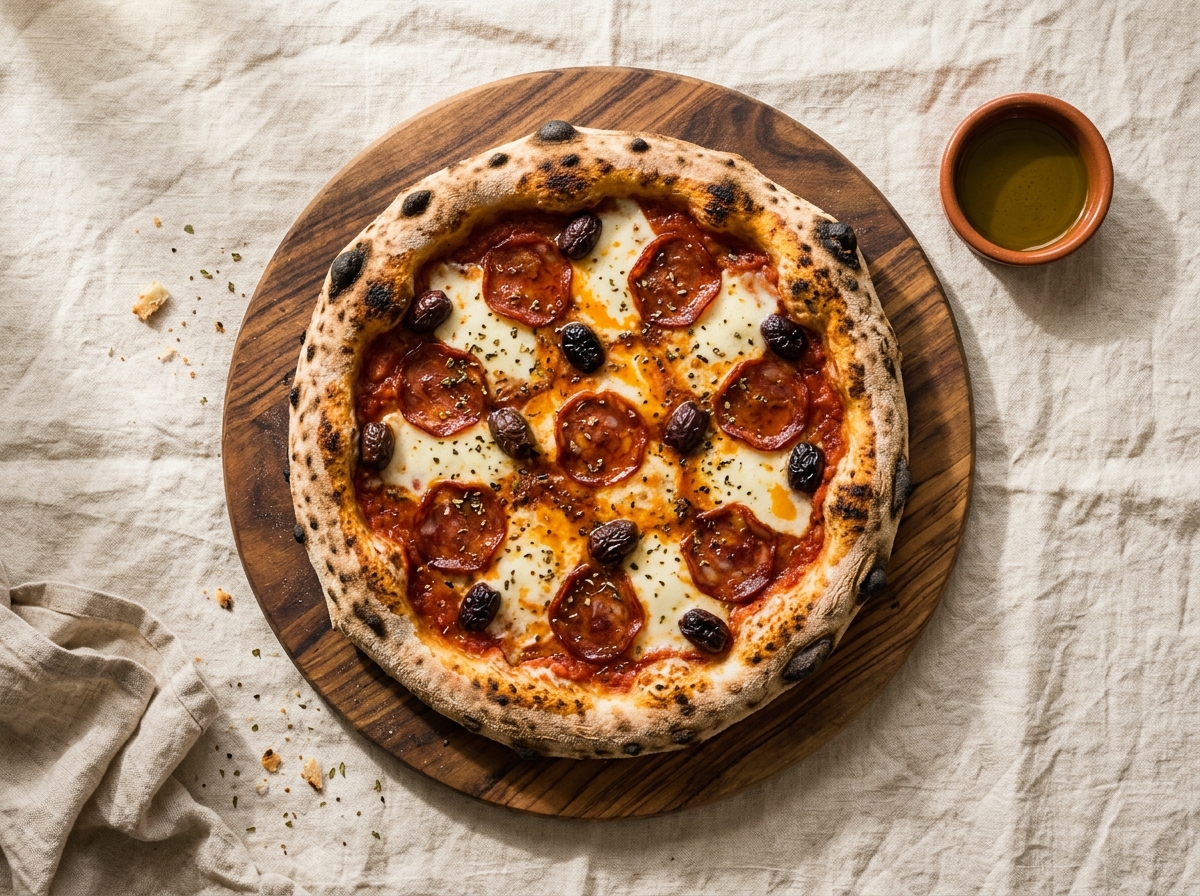 Pizza del Colono con chorizo y aceituna negra