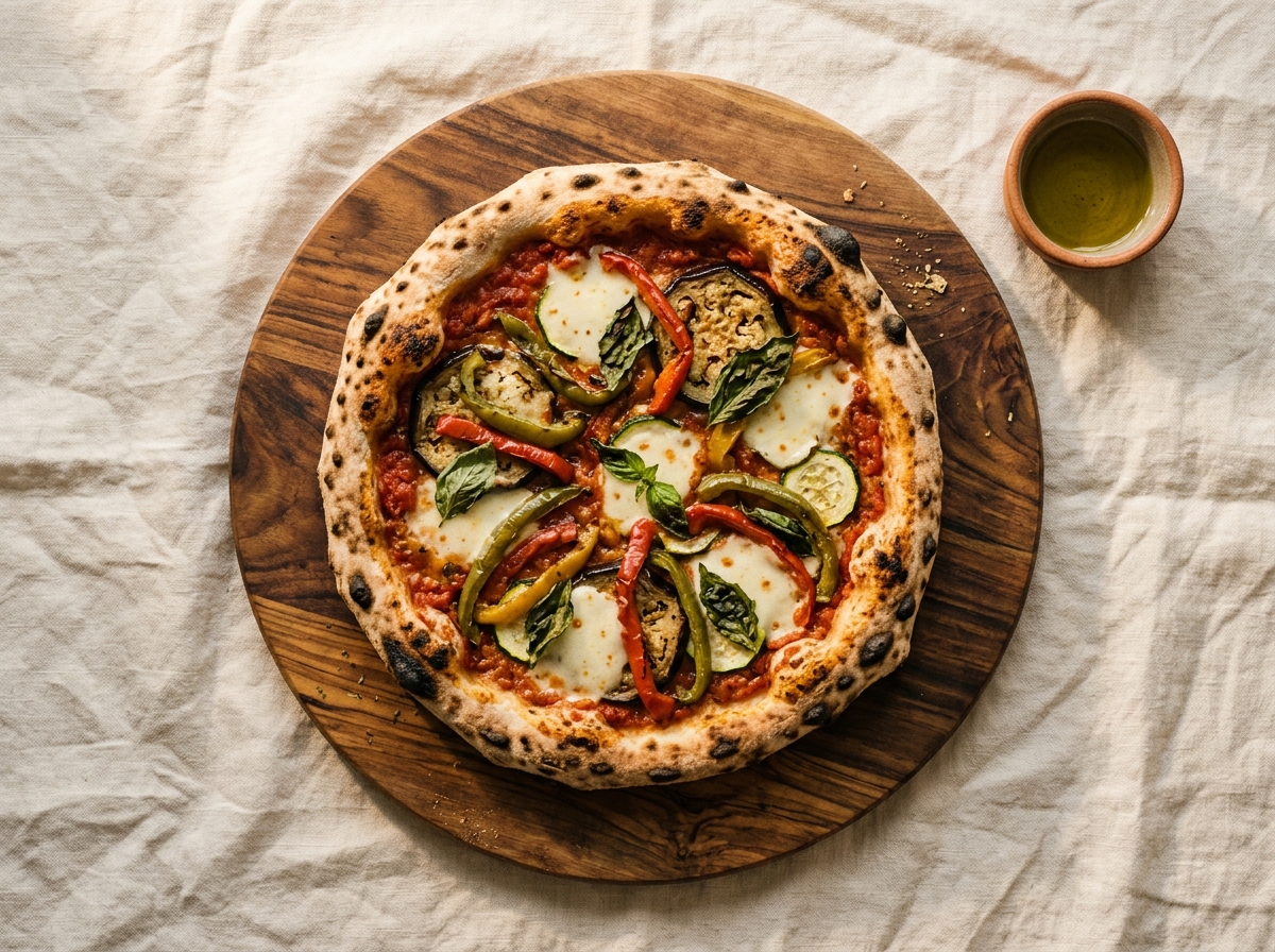 Pizza Huerta de Jaén con berenjena, pimiento y calabacín