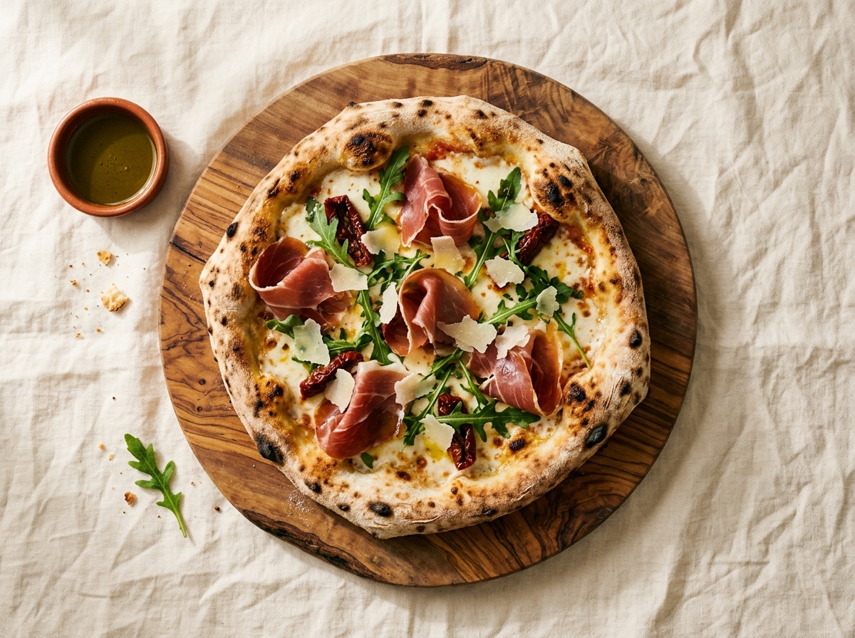 Pizza La Carolina con jamón serrano, rúcula y queso curado