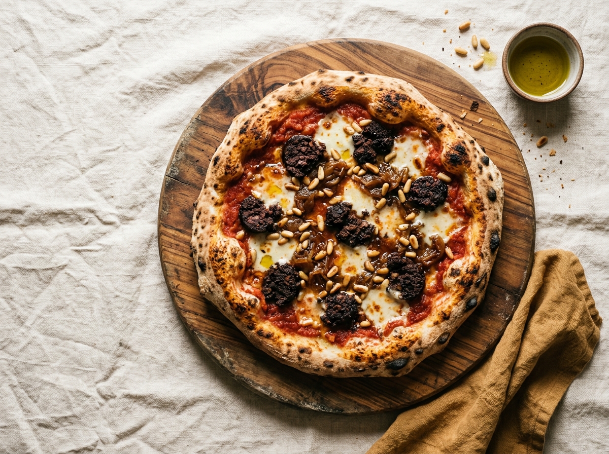 Pizza Navas de Tolosa con morcilla, cebolla caramelizada y piñones