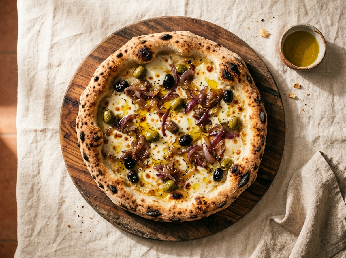 Pizza Olivar con aceitunas de Jaén y cebolla confitada