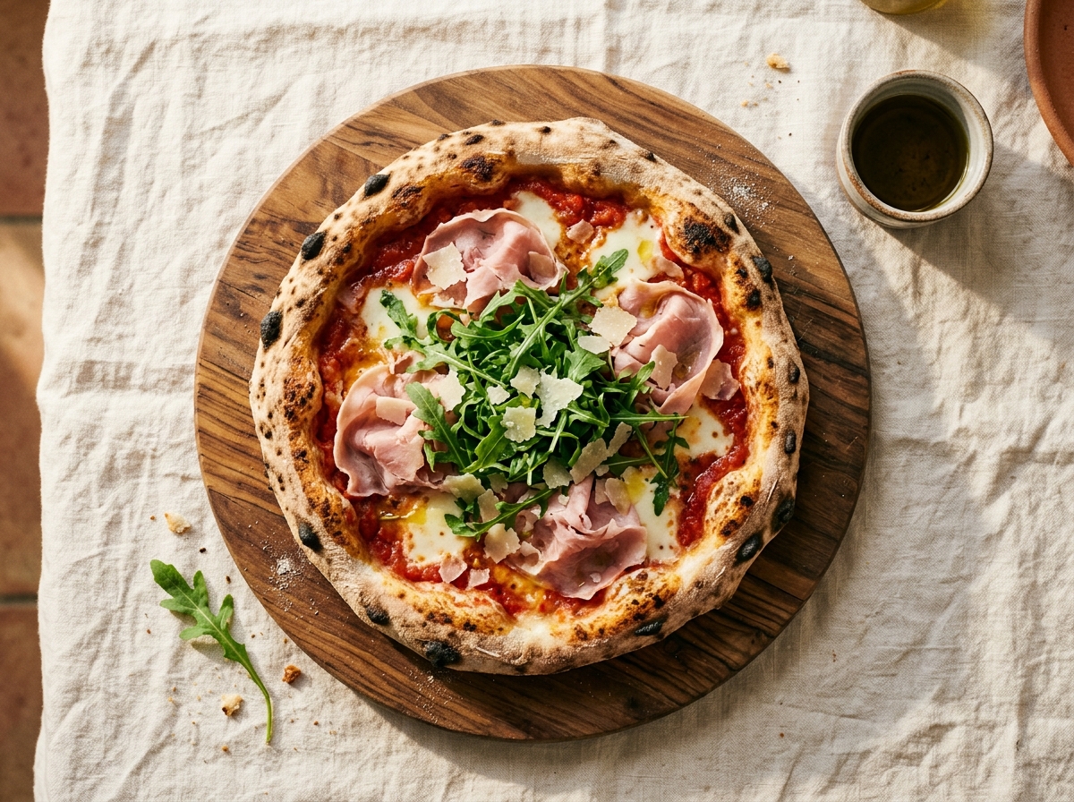Pizza Prosciutto y rúcula con jamón cocido y parmesano